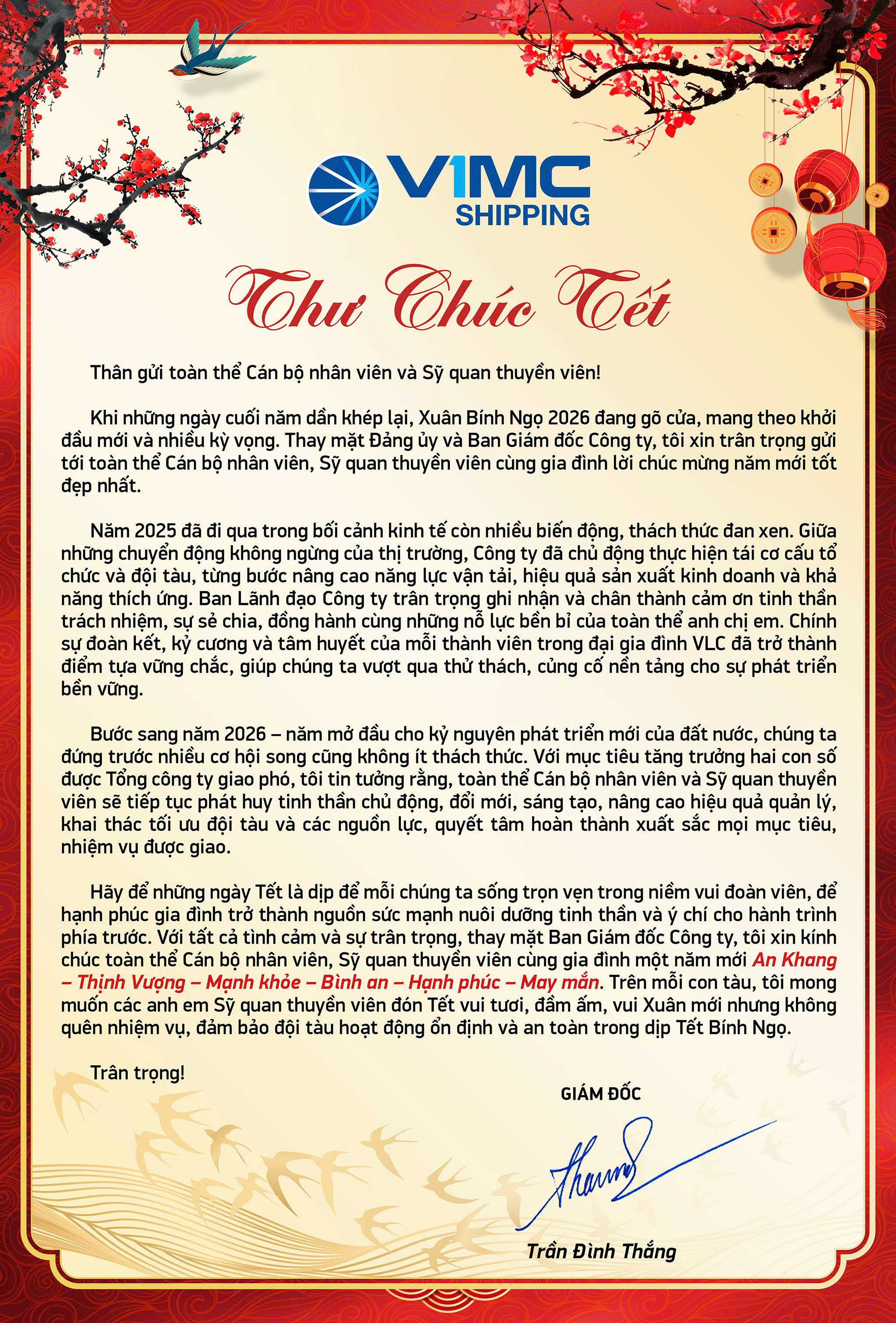 Thư chúc Tết của Ban Lãnh đạo Công ty nhân dịp Xuân Bính Ngọ 2026